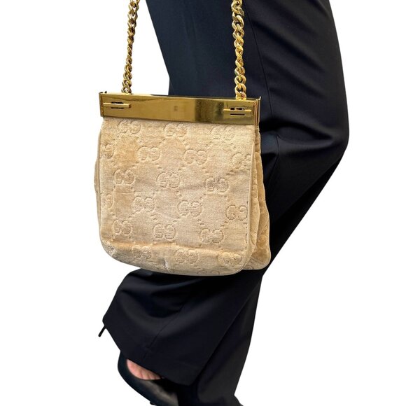 GUCCI Vintage GG Monogram Logo Shoulder Bag Crossbody Cream Gold Velour [105802] - Picture 4 of 13
